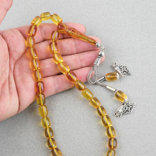 Ateş Kehribar Ayyıldız İşlemeli İmame Kapsül Kesim 9x11mm Tesbih - Sarı