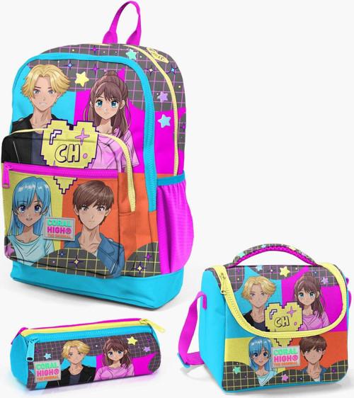 Coral High Kids Gri Mavi Pembe Anime Desenli 3’Lü Okul Çanta Seti 23737