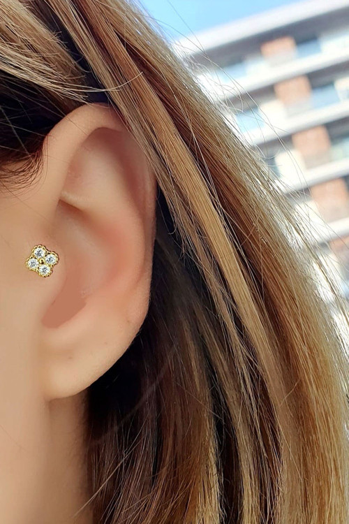 925ayar gümüş üzerine rose altın kaplama Zirkon taş detaylı Çiçek Figürlü Tragus Kıkırdak Piercing