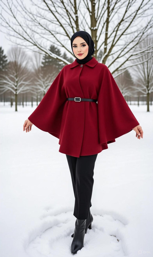 Kadın Kaşe Panço - Tiftiklenmeyen Deri Kemerli Oversize Uzun Kaban