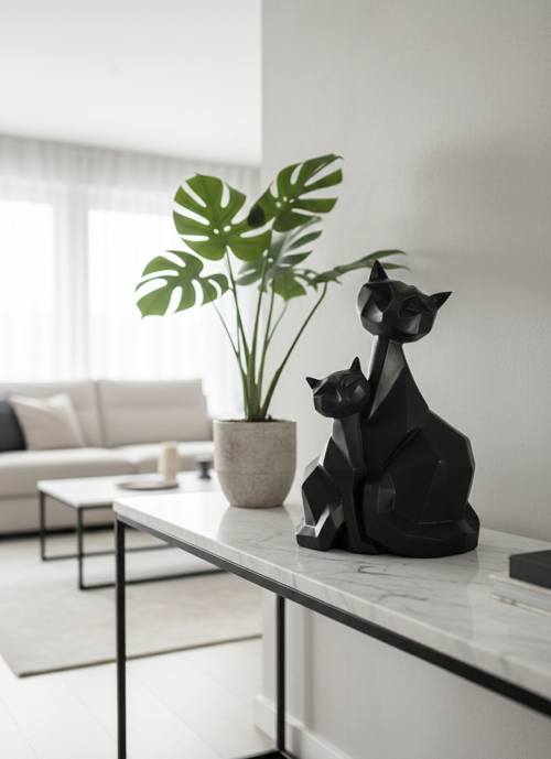 Siyah Geometrik Anne ve Yavru Kedi Figürlü Dekoratif Biblo