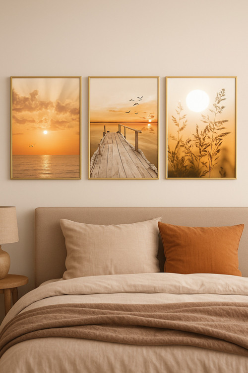 Gün Batımı Sessizliği - Gerçek Cama Baskı Gold Alüminyum Metal Çerçeveli 3'lü Modern Tablo