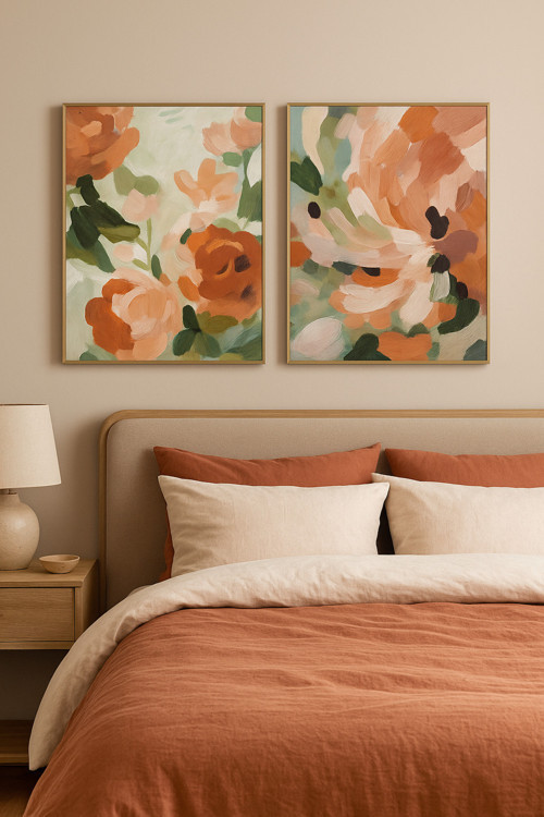 Soffio - Gerçek Cama Baskı Gold Alüminyum Metal Çerçeveli 2'li Set Soyut Tablo
