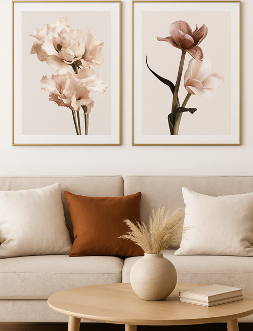 Roselle Paspartulu - Gerçek Cama Baskı Gold Alüminyum Metal Çerçeveli 2'li Modern Tablo