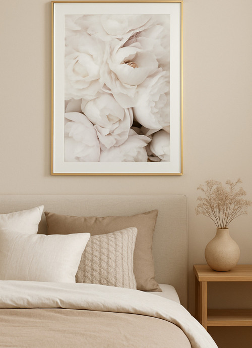 Beyaz Şakayık Çiçeği - Gerçek Cama Baskı Gold Alüminyum Metal Çerçeveli Tekli Modern Tablo