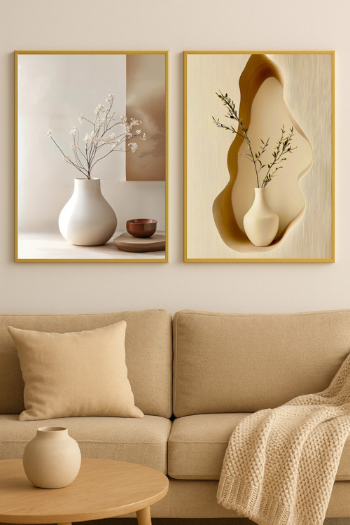 Stillness Botanik - Gerçek Cama Baskı Gold Alüminyum Metal Çerçeveli 2'li Modern Tablo