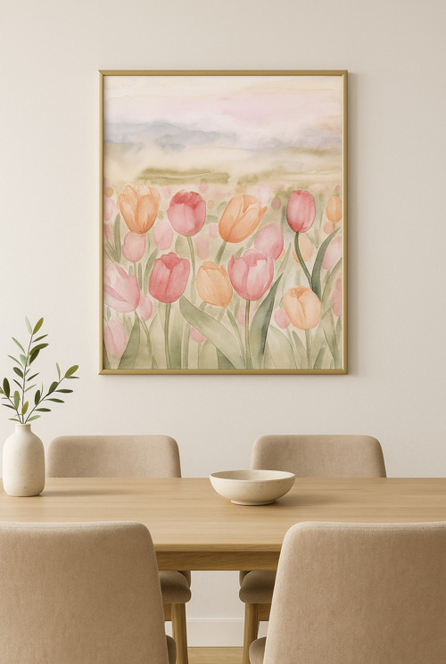 Zarif Laleler - Gerçek Cama Baskı Gold Alüminyum Metal Çerçeveli Tekli Modern Tablo