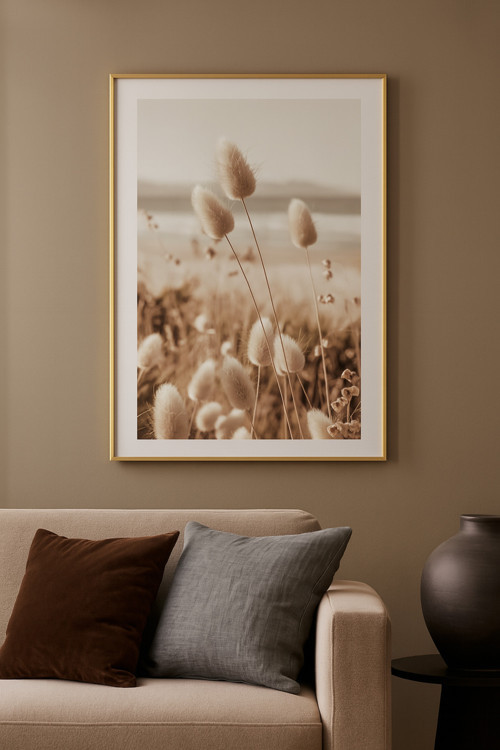 Kumsalda Otlar Soft Modern Tablo - Gerçek Cama Baskı Gold Alüminyum Metal Çerçeveli Tekli
