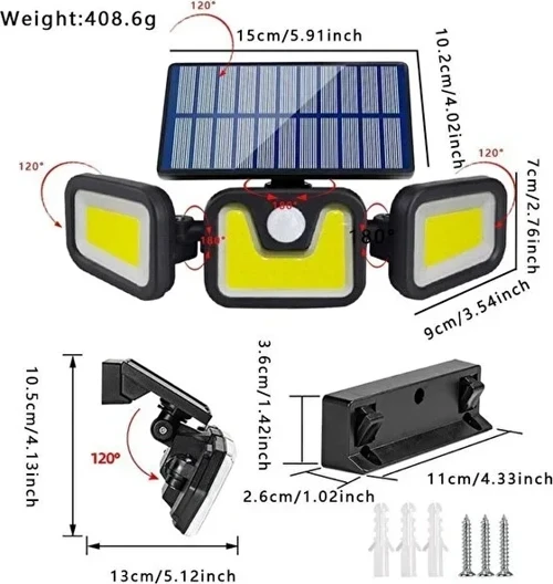 Üçlü Solar Led Projektör – Beyaz Işık – Sensörlü Dış Mekân Aydınlatma (2818)