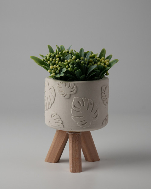 Dekoratif Beton Saksı -Monstera 7,5x12 0.25L Küçük Ahşap Ayaklı Saksı