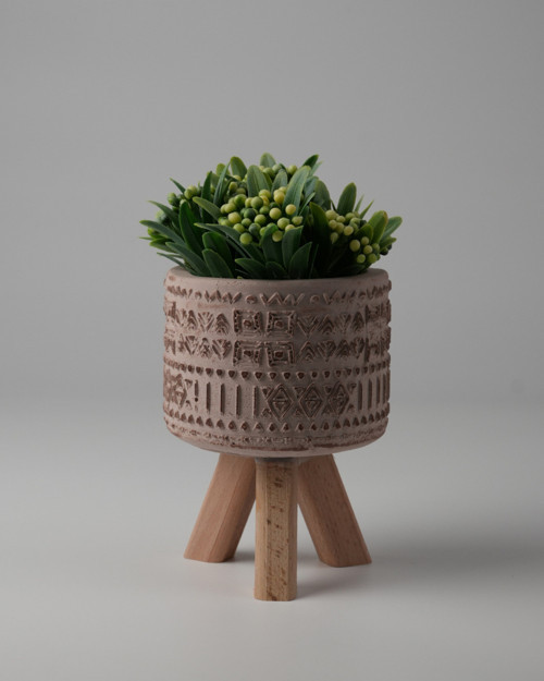 Dekoratif Beton Saksı -Aztec 7,5x12 0.25L Küçük Ahşap Ayaklı Saksı