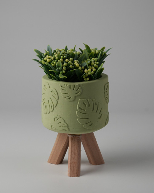 Dekoratif Beton Saksı -Monstera 7,5x12 0.25L Küçük Ahşap Ayaklı Saksı