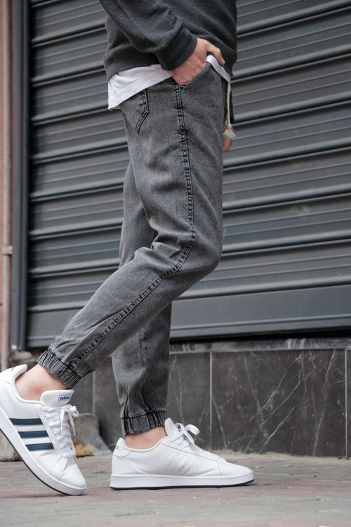 Erkek Jogger Kot Pantolon – Gri, Lastikli Bel & Paça, Yıkamalı Denim