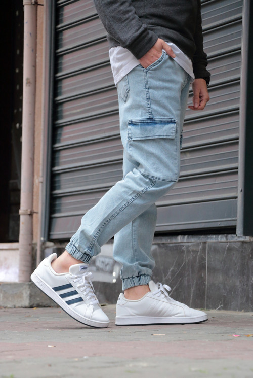 Erkek Buz Mavi Jogger Kargo Kot Pantolon - Likralı Ve Lastikli Bel Paça