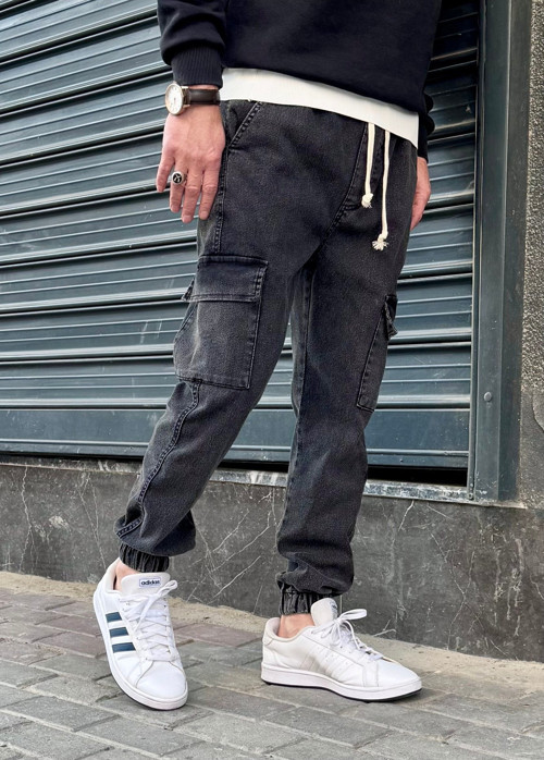 Erkek Füme Antrasit Jogger Kargo Cepli Kot Pantolon - Lastikli Bel Ve Paça, Esnek Kumaş