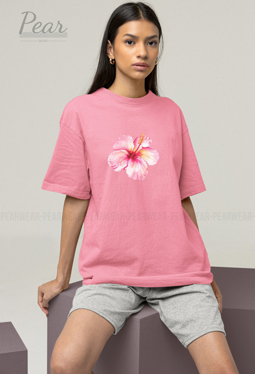 Hibiscus Çiçek Baskılı Unisex Tişört Oversize T-shirt