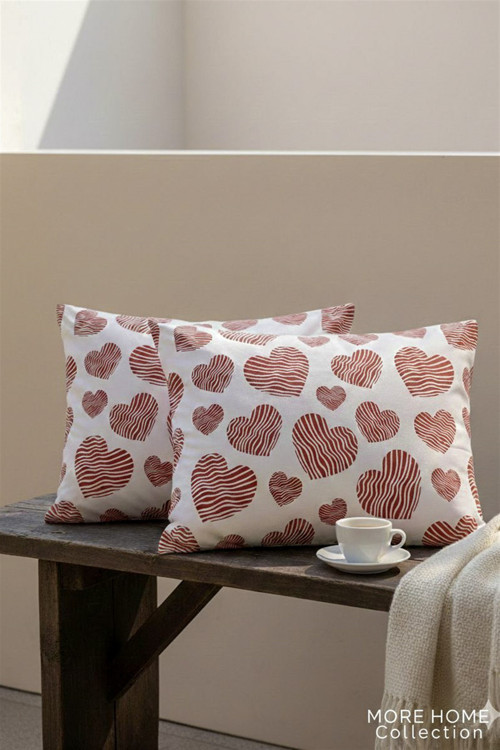 Kapaklı Yastık Kılıfı (2 Adet) 50 x 70 cm Beyaz Kırmızı Kalp Desenli