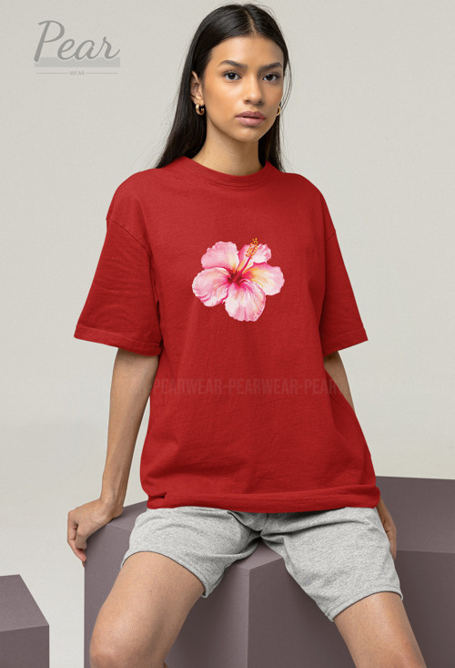 Hibiscus Çiçek Baskılı Unisex Tişört Oversize T-shirt