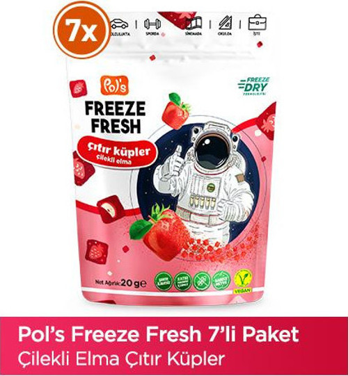 Pol’s Freeze Fresh Çıtır Küp Çilekli Elma 20 g x 7 Adet Freeze Dry Dondurularak Kurutulmuş Meyve