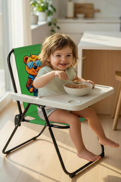 Kids 2–6 Yaş, Maskot Ayı Katlanır Portatif Mama Sandalyesi, Tak-Çıkar Masa ile-YEŞİL