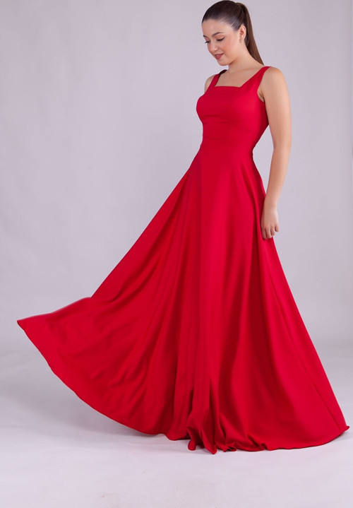 Atlas Kumaş Kare Yaka Kalın Askılı Maxi Kırmızı Abiye Elbise 413