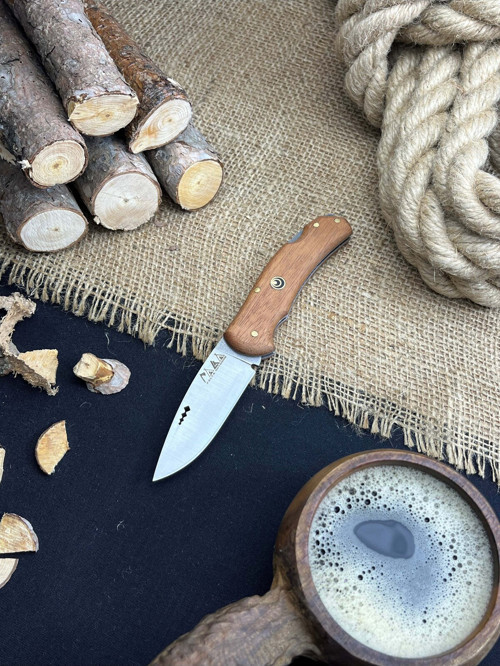 Piknik Çakısı Kamp Bıçağı Katlanabilir Çakı Outdoor Bıçak Deri Kılıf Sapelli Ağacı Saplı