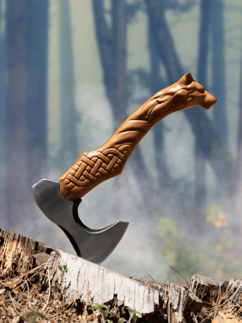 Özel Kurt Başlı Balta Tasarım Tescilli Kamp Baltası Hakiki Deri Kılıf Hediyeli Ceviz Ağacı Saplı