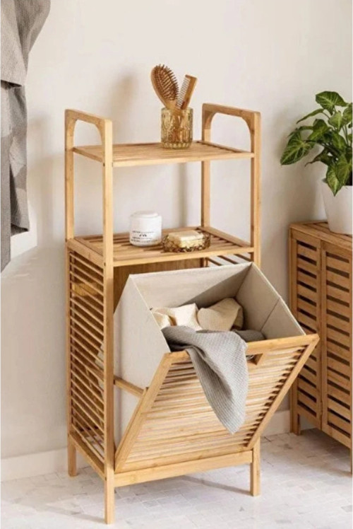 2 Organizer Raflı Ahşap Bambu Çek-Aç Kirli Sepeti