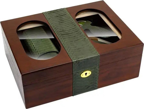 Camlı Yılan Deri Ahşap Humidor Puro Kutusu Çakmak-Kesici-Kılıf Set