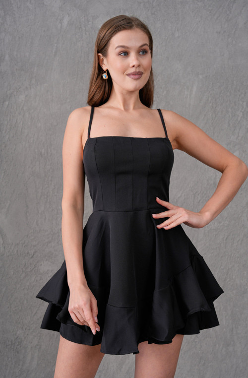 Kadın Ayarlanabilir İnce Askılı Atlas Kumaş Dolgulu Volanlı Prenses Kesim Straplez Siyah Elbise 102