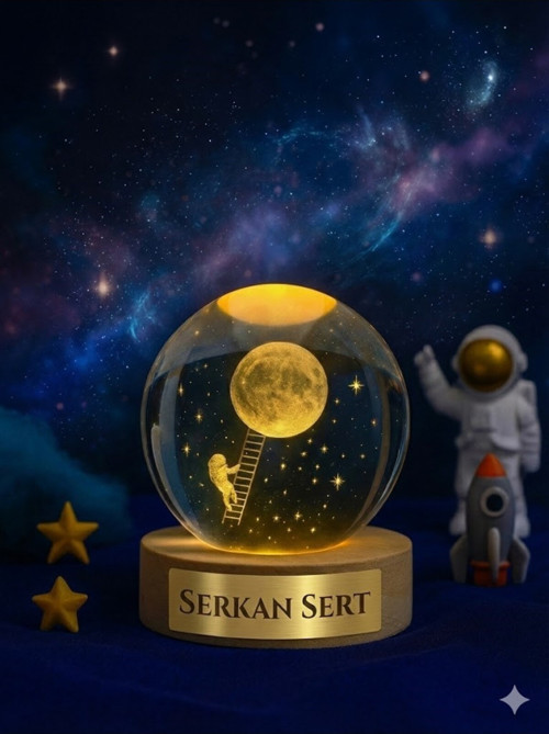 İsime Kişiye Özel Ledli USB Ahşap Standlı Merdivenle Aya Çıkan Astronot Temalı Küre Oda Gece Lambası