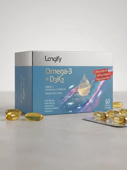 Omega 3 + D3K2, Yüksek EPA & DHA, Vitamin D3, Vitamin K2 (MK7), Vitamin E, Balık Yağı, 60 Yumuşak Kapsül