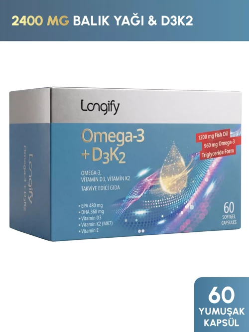Omega 3 + D3K2, Balık Yağı, EPA, DHA, Vitamin D3, Vitamin K2 (MK7), Vitamin E, 60 Yumuşak Kapsül