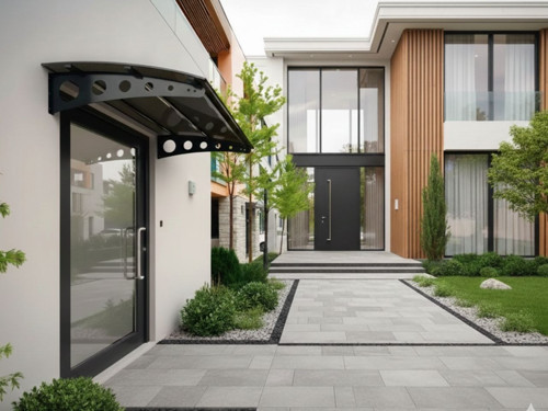 Metal Taşıyıcılı Kapı Üstü Pratik Sundurma Modern Serisi Antrasit Ayak 10 mm Siyah Polikarbon Levha 175X100 cm