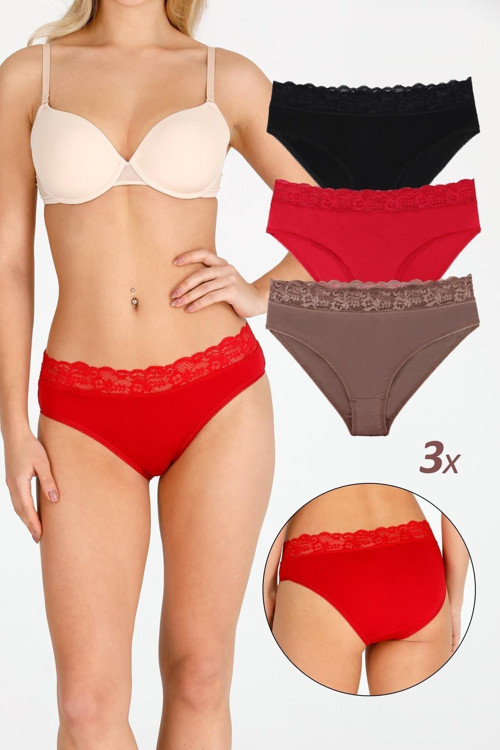 Kadın Özel Kumaş Bambu Beli Dantelli 3'Lü Külot Set Model-5