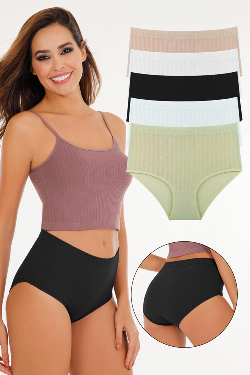 Kadın Fitilli Model Pamuklu Soft Renkler Yüksek Bel 5'Li Külot Model-2