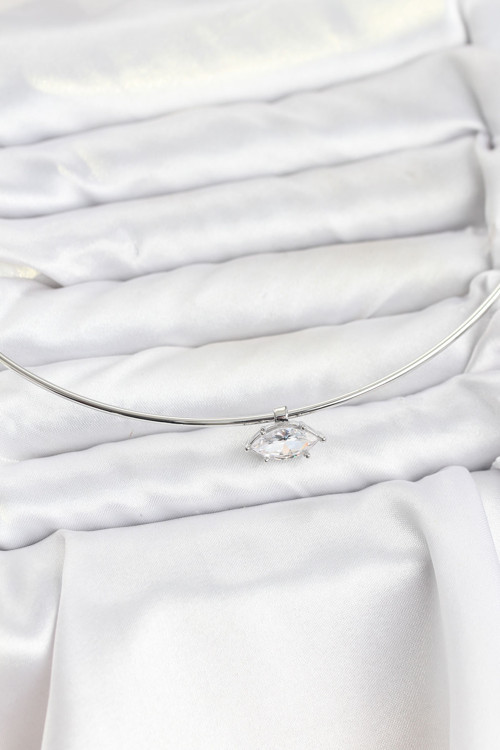 Pirinç Gümüş Renk Choker Model Zirkon Taşlı Kadın Kolye - EBJ260109W39077