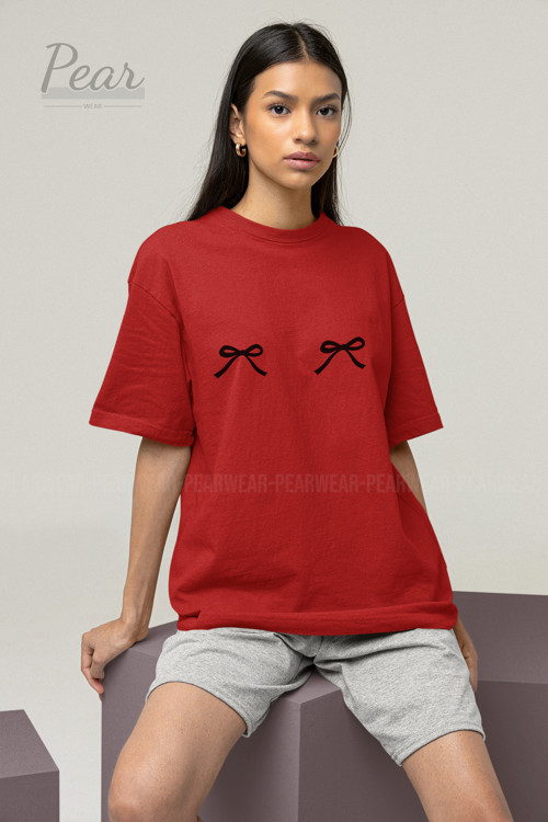 Fiyonk Baskılı Unisex Kurdele Tişört Oversize T-shirt