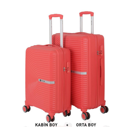 Bavul Orta ve Kabin 2li Set Kırılmaz Silikon Valiz V374 Mercan