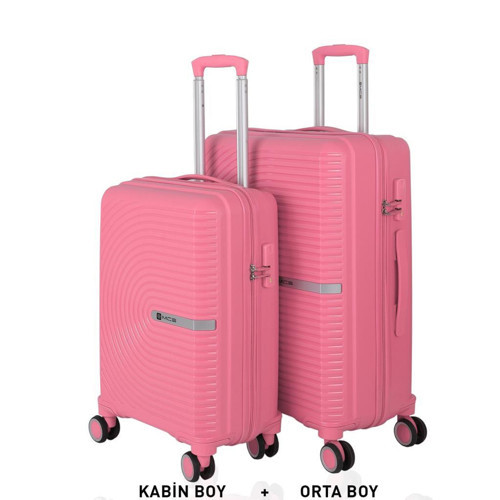 Bavul Orta ve Kabin 2li Set Kırılmaz Silikon Valiz V374 Pembe