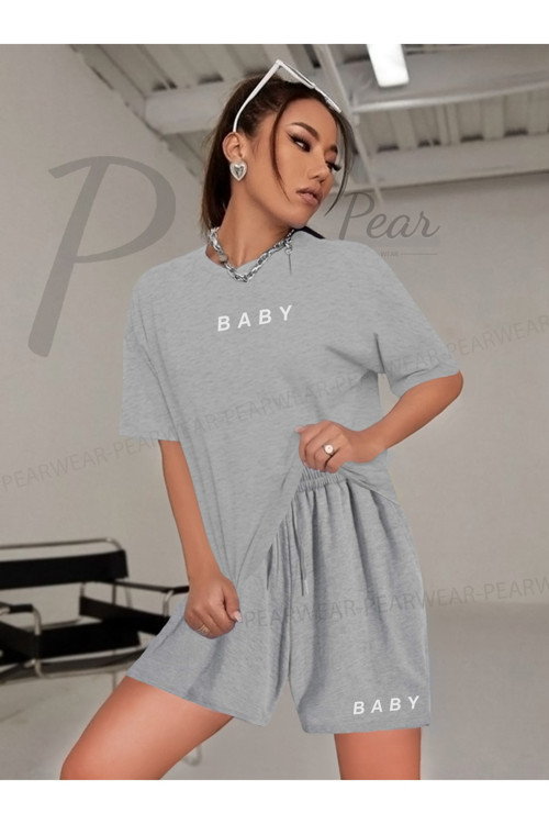 Kadın Baby Baskılı Oversize Tshirt Şort İkili Takım