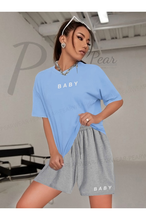 Kadın Baby Baskılı Oversize Tişört Şort İkili Takım