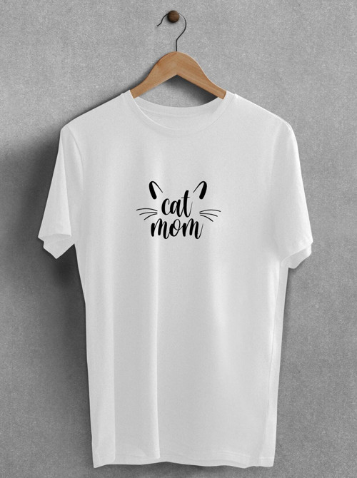 Cat Mom Baskılı Tişört Siyah Beyaz Oversize Bisiklet Yaka Kedi Anne T-Shirt