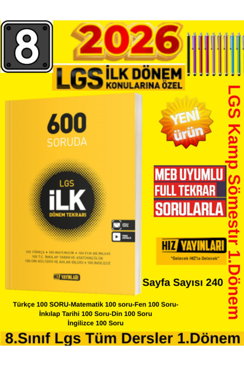 Hız Yayınları Hız 2026 8.Sınıf Lgs Kamp 1.Sömestır 1. Dönem (Tüm Dersler)600 Soruda Tatil Tekrar Kitabı+Kalem