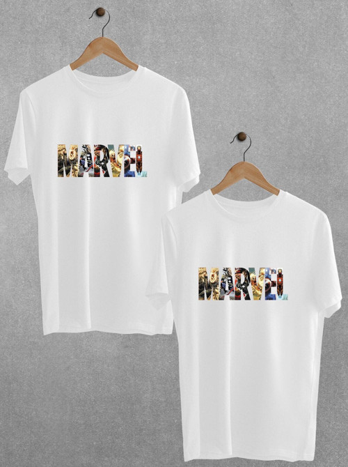 Marvel Baskılı Tişört Sevgili Çift Takım Siyah Beyaz Oversize Couple T-Shirt