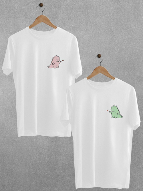 Dinozor Baskılı Sevgili Çift Tişört Siyah Beyaz Oversize Sevgili T-Shirt