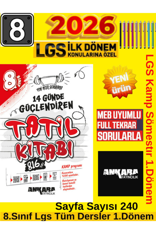 Ankara Yayıncılık Ankara Lgs Hazırlık8. Sınıf 14 Günde 1.Dönem Tatil Kitabı 816 Soru+ Kalem(Tüm Dersler)
