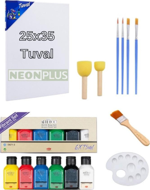 25x35 Tuval, 6x75ml Akrilik Boya,fırça,palet Hobi Seti, Resim Çalışması