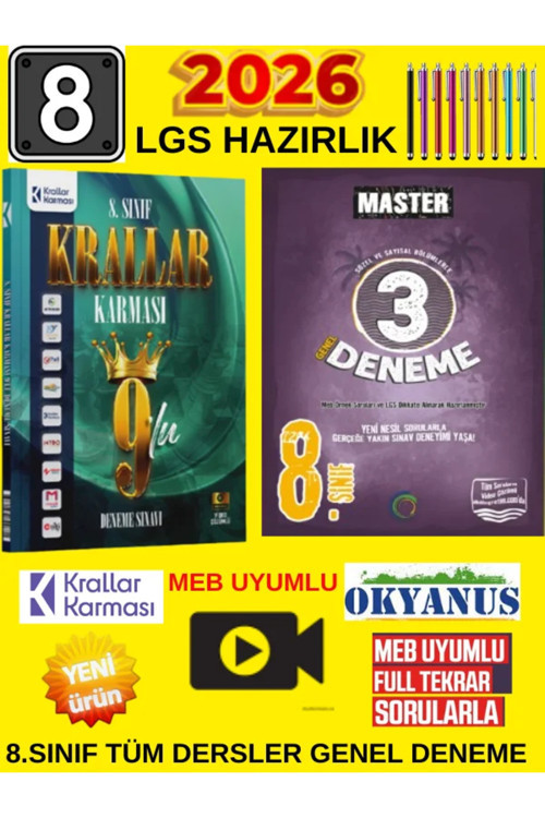 Krallar Karması Lgs 2026 8.Sınıf 9'Lu Deneme Sınavı + Okyanus Master 8.Sınıf 3'Lü Deneme + Kalem - Yeni Nesil Karma