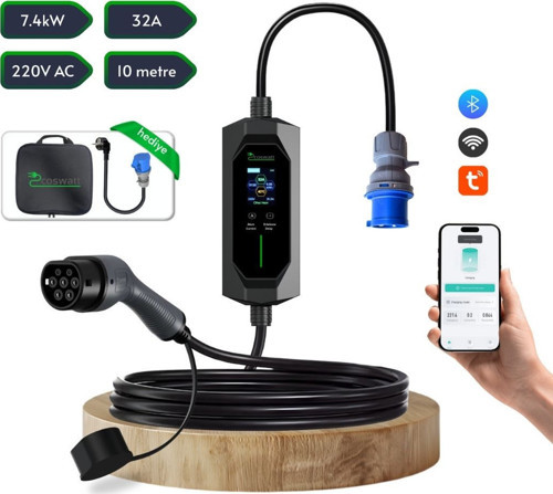 Elektrikli Araba Taşınabilir Şarj Cihazı 7 kw / 32A / Tip-2 / 3x32A Fiş / Monofaze/Çantalı / Ev Tipi Dönüştürücü Kablolu (10 METRE KABLO)